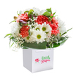 This bouquet radiates contemporary elegance and fresh joy-an arrangement inspired by the spirit and greenery of Morden, carefully arranged in a crisp, white square gift bag. Coral and peach carnations, with their plush, ruffled petals, conjure the gentle warmth of a spring afternoon along the River Wandle, while bright white daisies with lime-green centers add a lively spark, their crispness suggesting a sense of innocence and new beginnings. Wisps of snowy baby's breath dance among the main blooms, lending the bouquet a soft, airy texture. Nestled discreetly on the left, closed buds tinged with hints of purple invite curiosity and quiet expectation, symbolizing hope yet to unfold. All of this is encircled by glossy, deep emerald leaves, arching in elegant symmetry to create both structure and drama at the base. Set against an immaculate white backdrop and bathed in natural, balanced light, the careful artistry of this Morden Florist's creation shines-each stem and petal arranged with loving attention to detail. The result is an uplifting floral gesture, equally suited for birthdays, new adventures, or simply reminding someone in Morden of how much they're loved, making every delivery a unique moment of connection and beauty.