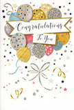 In this image, a graceful congratulations card is displayed, its design evoking the feeling of a quiet yet joyful celebration somewhere between Morden Hall Park and the local high street. The focal point is a cluster of illustrated balloons in the upper and central part of the card, gathered like a festive bouquet rising effortlessly toward the top edge. The balloons are softly coloured in metallic gold, silver, champagne, sky blue, blush pink, and dove grey tones, each one subtly different. Some are gently speckled with tiny stars, others are wrapped in neat stripes or shimmering, glitter-like accents, suggesting they would glint under party lights. From the base of every balloon, slender strings drawn in gold and silver metallic ink trail downwards, curling and looping with a sense of playful movement before converging neatly at the bottom, reminiscent of the way ribbon ends are gathered beneath a celebratory bouquet from a local florist. Cutting gracefully across the centre of the balloon cluster, a smooth banner in a light, creamy shade carries the phrase "Congratulations To You" in elegant calligraphy. The lettering is both decorative and warm, imbuing the card with a personal touch that feels ideal for marking exam results, work promotions, or any significant success worth sharing. The background remains soft and uncluttered, gently sprinkled with small star shapes, tiny dots, and swirling lines that recall confetti and streamers suspended in the air after a toast. The use of space and understated shimmer gives the design a calm, polished energy, similar to the careful balance of colour and texture in a professionally arranged bouquet. Altogether, the card conveys sincere pride and happiness, offering a refined yet joyful way to say well done to someone special in Morden.
