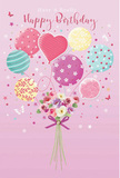 Whimsical birthday card artwork featuring pastel balloons and a sweet bouquet, described with the sensitivity of a florist who has arranged many celebrations across Morden. The scene unfolds on a soft pink background, which feels as light and airy as a stroll through Morden Hall Park on a bright spring morning. A grouping of balloons floats upward from the centre, their strings neatly converging at the flowers below. Each balloon shows a unique character: some swirl with candy-coloured stripes, others are dotted with playful spots, and one stands out in a clear heart shape, radiating affection in gentle shades of blush and mauve. Teal, lemon, and lilac tones weave through the cluster, carefully balanced so the overall look stays soothing and harmonious. At the base, a bouquet brims with delicate roses and anemone-like blossoms in creamy ivory, soft pink, and dusky lavender. The petals appear feathery and soft, suggesting that cool, velvety feel you get when you brush your fingertips over freshly opened blooms. A violet satin bow ties the stems together, its slight sheen catching the illustrated light. Around the balloons and flowers, tiny stars and butterflies seem to hover, lending a little fairy-tale wonder, as though birthday wishes are drifting through the air toward homes along London Road and beyond. The whole composition is bright yet gentle, capturing the spirit of a birthday meant to be joyful, memorable, and filled with the quiet happiness that comes from receiving something beautiful and thoughtfully chosen from a trusted local Morden florist.