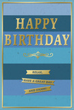 This birthday card features a serene blue palette accented by shining gold, evoking a quiet yet genuine sense of celebration somewhere in Morden. The background is made up of generous horizontal stripes, each a slightly different blue, shifting gradually from deep navy down low to lighter, more open sky blues higher up. The transition is soft and unhurried, like watching the sky brighten over the rooftops near Morden Underground Station. Across the centre of the card, the words "HAPPY BIRTHDAY" are stamped in large, gold-foiled capital letters. The embossing gives the text a raised profile, making it feel solid and reassuring, while the metallic finish catches light with delicate glimmers. Immediately beneath, a slim gold flourish stretches across the card in a graceful curve, adding a note of traditional charm. Following this, three slim golden banners are neatly arranged one above the other, each banner carrying part of the gently encouraging message: "Relax, have a great day and enjoy!" These banners, like the stripes behind them, reinforce a horizontal rhythm that calms the eye and keeps the design grounded. A fine line of gold tracing the outer edge acts as a frame, supporting the composition and adding polish. The overall finish appears mostly matte, allowing the embossed gold accents to stand out with subtle lustre. The card feels substantial and carefully made, an ideal partner to a birthday bouquet delivered across Morden, whether to a cosy house near Morden Hall Park or a modern apartment along the main road.